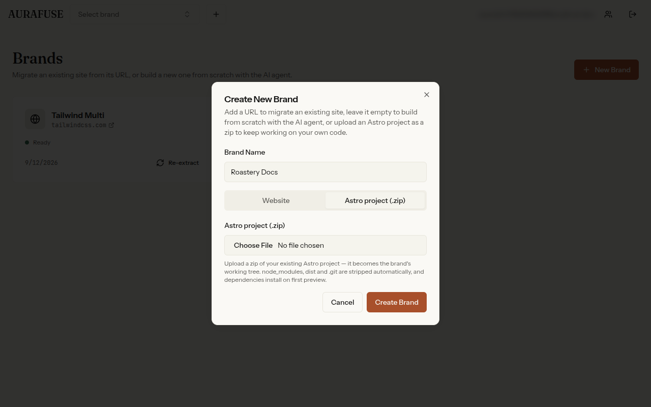 Create a brand from an Astro project zip